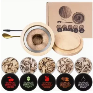 Viskija un citu dzērienu kūpināšanas komplekts ar apaļu kūpinātavu un 5 aromātiem