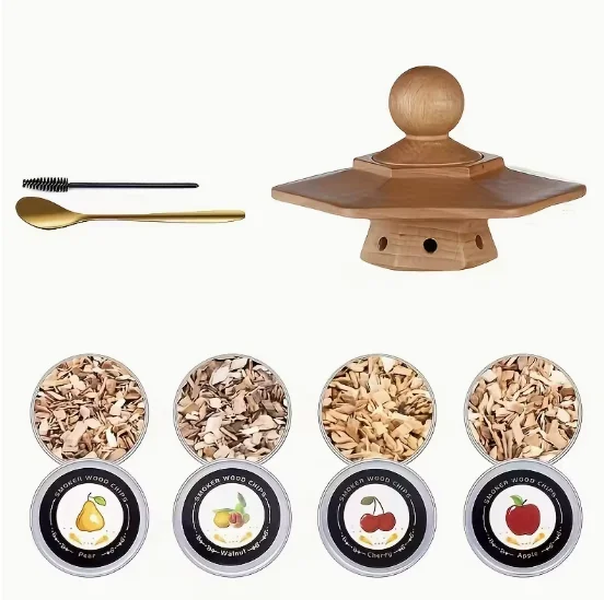 Viskija un citu dzērienu kūpināšanas komplekts ar sešstūra kūpinātavu un 4 aromātiem