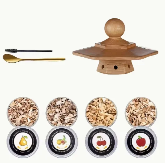 Viskija un citu dzērienu kūpināšanas komplekts ar sešstūra, gaiši brūnu kūpinātāju un 4 aromātiem